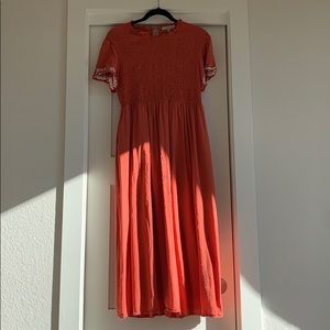 Polagram rust dress with floral embroidery
